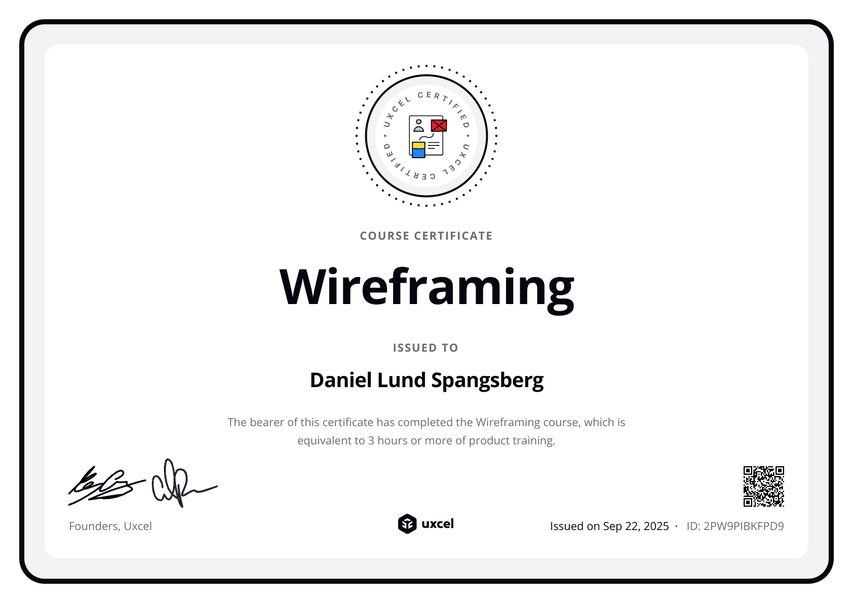 Daniel Lund Spangsberg's certificate